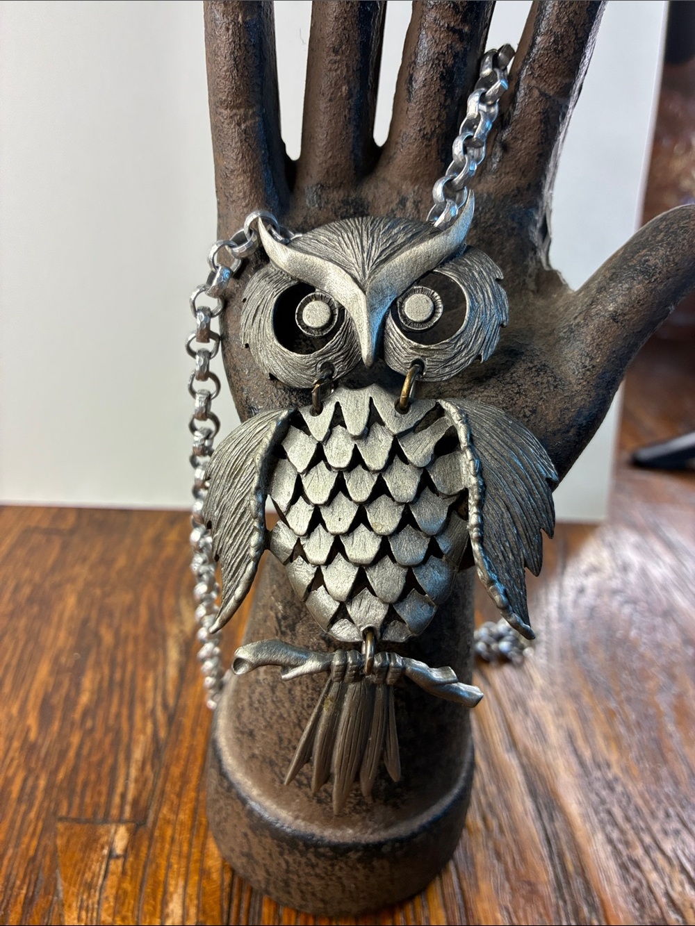 Owl Necklace Reticulated Pewter Movable - Hammered Chain Approximately 20 1/2"
